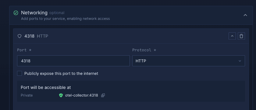 Northflank Network Settings for Otel Collector